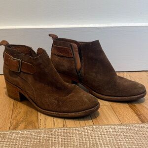 Kork-Ease Brown Suede Ankle Booties with Side Buckle